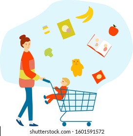 Vector people shop at the supermarket. Mom carries a child in a supermarket cart. The family makes purchases in the market.