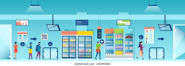 Vector of people shopping at the fully automated AI convenience or grocery store using mobile app to access, purchase items and checkout