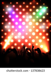 vector people silhouettes in front of colorful concert stage, eps10 file, gradient mesh and transparency used