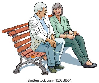 Vector of people sit on a bench, hand drawn style.