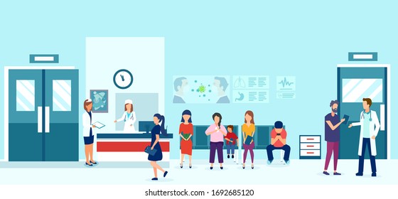 Vector of people sitting on chairs and waiting for doctor appointment in outpatient clinic. 