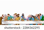 Vector of people are sitting at table with food delivered by courier from food delivery service, Easter background.