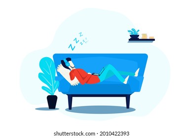 Vector people sleeping on the sofa at home in holiday. person on the chair. Illustration man was listening to music happily in a quiet place. Lifestyle relaxation healthy. People relax at home holiday