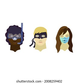 Vector people in snorkeling, carnival and protective masks on white isolated background, isolated masks and people in Flat design style for prints, booklets, icons for social media, apps, websites.