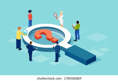 Vector of people standing around the magnifying glass with question mark