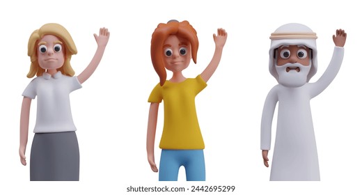 Vector people standing with hand up. Men and women vote. Serious facial expression, emotion
