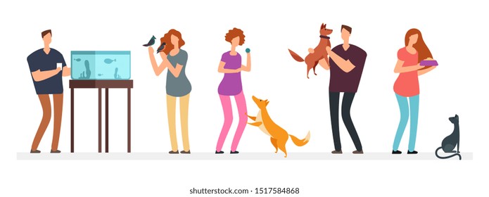 Vector people and their pets isolated on white background
