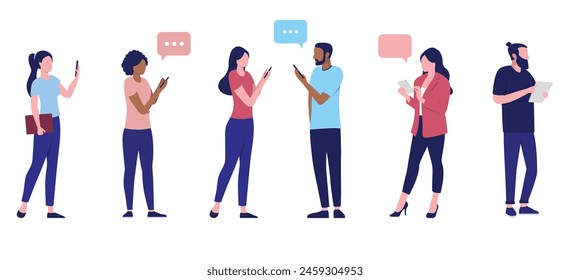 Vector de personas que utilizan teléfonos y dispositivos - Conjunto de personajes diversos casuales hombres y mujeres que miran los teléfonos inteligentes en Ilustración vectorial de diseño plano con fondo blanco