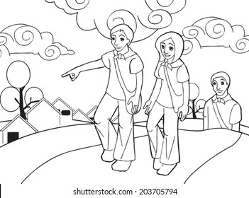 vector people walking in the park in simple line