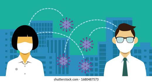 vector people wearing surgical mask and keeping distance to protect from coronavirus diseases