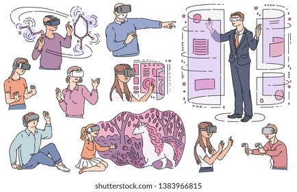 Vector people wearing virtual reality headset set. Adult woman, businessman, old man and kids in VR goggless enjoying cyberspace in simulation. Modern visual technologies