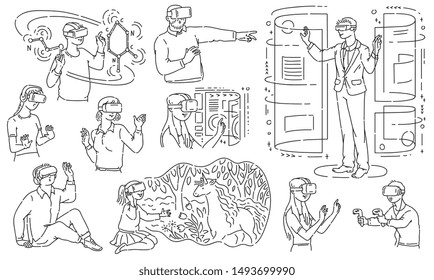 Vector people wearing virtual reality headset monochrome set. Adult woman, businessman, old man and kids in VR goggless enjoying cyberspace in simulation. Modern visual technologies