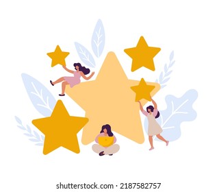 Vector People Women Are Holding Stars, Giving Five Star Feedback. Clients Choosing Satisfaction Rating And Leaving Positive Review. Customer Review Evaluation. Flat Illustration.