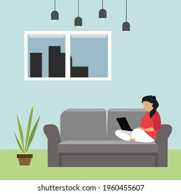 vector people work home with laptop in blue room at condo 