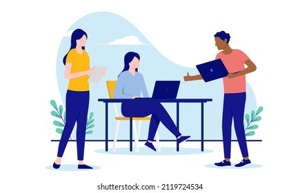 Vector people working - Diverse team of man and women doing computer work and thumbs up. Flat design on white background