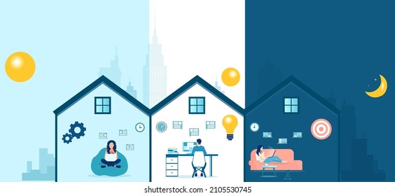 Vector of people working on computers from home on the internet. Freelancer work or study from home concept 
