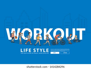 Vector people workout life style idea concept with flat big letters in line city landscape buildings background