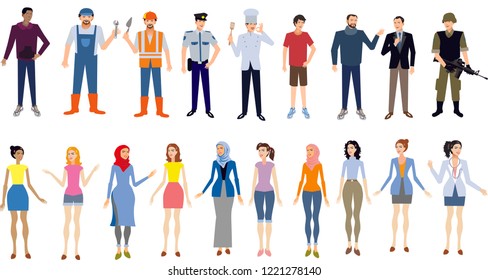 Vector = Peoples Man And Woman  In Various Job Ocupation Formal, Casual And Hijab Standing front view