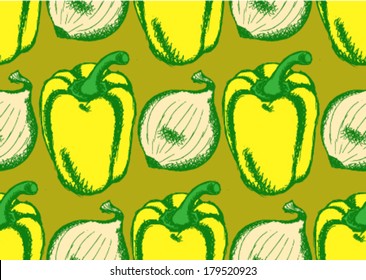 Vector pepper and onion, sketch seamless pattern