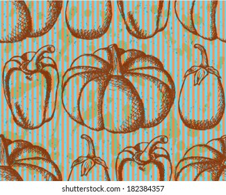 Vector pepper, pumpkin and eggplant, sketch seamless pattern