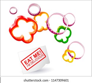 Vector pepper rings.Vector onion rings.
Red onions, slices of onions.
Paprika slice isolated.A scattering of ringlets pepper on a white background.Isolated vector illustration.