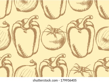 Vector pepper, tomato and onion, sketch seamless pattern