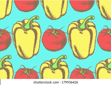 Vector pepper and tomato, sketch seamless pattern