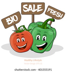 Vector Pepper and Tomato with stylized cartoon look, with signs (bio, fresh and sale)