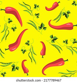 Vector - pepperoni with beans and leaves seamless pattern.