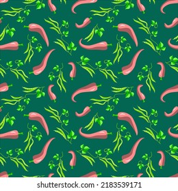 Vector - pepperoni with beans and leaves seamless pattern.