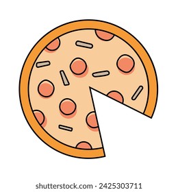 Vector pepperoni pizza icon. Pizza delivery. Contour symbol. Top view meal. Junk food. European snack. Pizzeria logo template. Isolated on white background. Flat vector element for cafe menu.