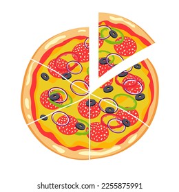 Vector pepperoni pizza with slice. Fast food Illustration. Vector EPS10