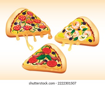 Vector pepperoni and seafood pizza slice. Fast food Illustration.