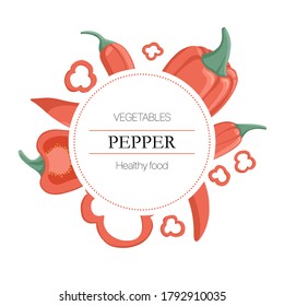 Vector peppers round label with text space. Fresh bell peppers and chili peppers round background in cartoon style for autumn farm market design.