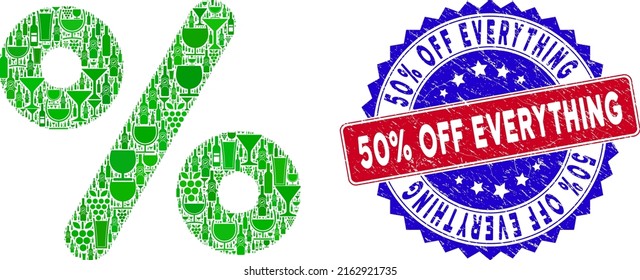 Vector percent icon wine mosaic and grunge bicolor 50 percents Off Everything seal. Red and blue bicolored seal with rubber style and 50 percents Off Everything tag. Percent mosaic icon designed with