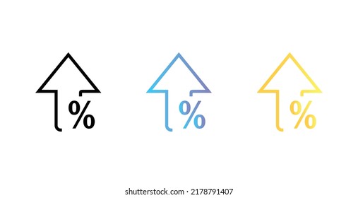 vector percentage up arrow icon isolated on white background in three different styles. Percentage upward arrow business concept vector icon.