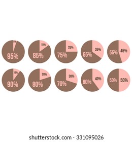 Vector percentage infographics. 5, 10, 15, 20, 25, 30, 35, 40, 45, 50, 55, 60, 65, 70, 75, 80, 85, 90, 95 percent pie charts. Circle diagrams isolated. Business illustration