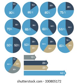 Vector percentage infographics. Blue pie charts. Isolated percent circle diagrams