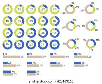  Vector percentage infographics. Pie charts,  5%, 10%, 15%, 20%, 25%, 30%, 33%, 35%, 40%, 45%, 50%, 55%, 60%, 65%, 70%, 75%, 80%, 85%, 90%, 95%, 100% diagrams. Financial illustration