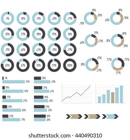  Vector percentage infographics. Pie charts.  5 10 15 20 25 30 33 35 40 45 50 55 60 65 70 75 80 85 90 95 100 percent circle diagrams. Arrows, graphs, graphic of growth. Financial illustration