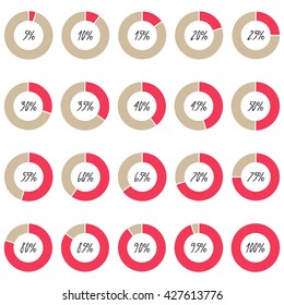 Vector percentage infographics. Red and brown pie charts isolated.  5 10 15 20 25 30 35 40 45 50 55 60 65 70 75 80 85 90 95 100 percent circle diagrams. Financial illustration