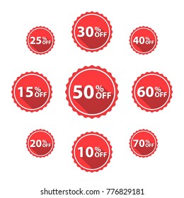 Vector Percentage Off Sale labels, red color, isolated on white. Vector illustration.