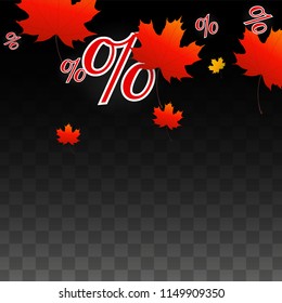 Vector Percentage Sign and Autumn Leaves Confetti on Transparent Background. Percent Sale Background. Business, Economics, Finance Print. Discount Illustration. Promotion poster. Black Friday Banner. 