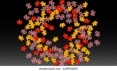 Vector Percentage Sign and Autumn Leaves Confetti on Transparent Background. Percent Sale Background. Business, Economics, Finance Print. Discount Illustration. Promotion poster. Black Friday Banner. 