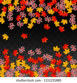 Vector Percentage Sign and Autumn Leaves Confetti on Transparent Background. Percent Sale Background. Business, Economics, Finance Print. Discount Illustration. Promotion poster. Black Friday Banner. 