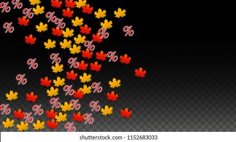 Vector Percentage Sign and Autumn Leaves Confetti on Transparent Background. Percent Sale Background. Business, Economics, Finance Print. Discount Illustration. Promotion poster. Black Friday Banner. 