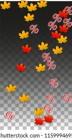 Vector Percentage Sign and Autumn Leaves Confetti on Transparent Background. Percent Sale Background. Business, Economics, Finance Print. Discount Illustration. Promotion poster. Black Friday Banner. 