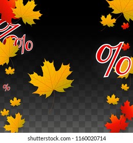 Vector Percentage Sign and Autumn Leaves Confetti on Transparent Background. Percent Sale Background. Business, Economics, Finance Print. Discount Illustration. Promotion poster. Black Friday Banner. 