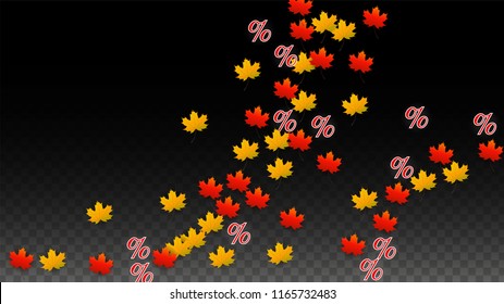 Vector Percentage Sign and Autumn Leaves Confetti on Transparent Background. Percent Sale Background. Business, Economics, Finance Print. Discount Illustration. Promotion poster. Black Friday Banner. 