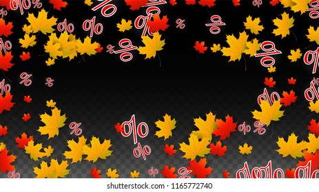 Vector Percentage Sign and Autumn Leaves Confetti on Transparent Background. Percent Sale Background. Business, Economics, Finance Print. Discount Illustration. Promotion poster. Black Friday Banner. 